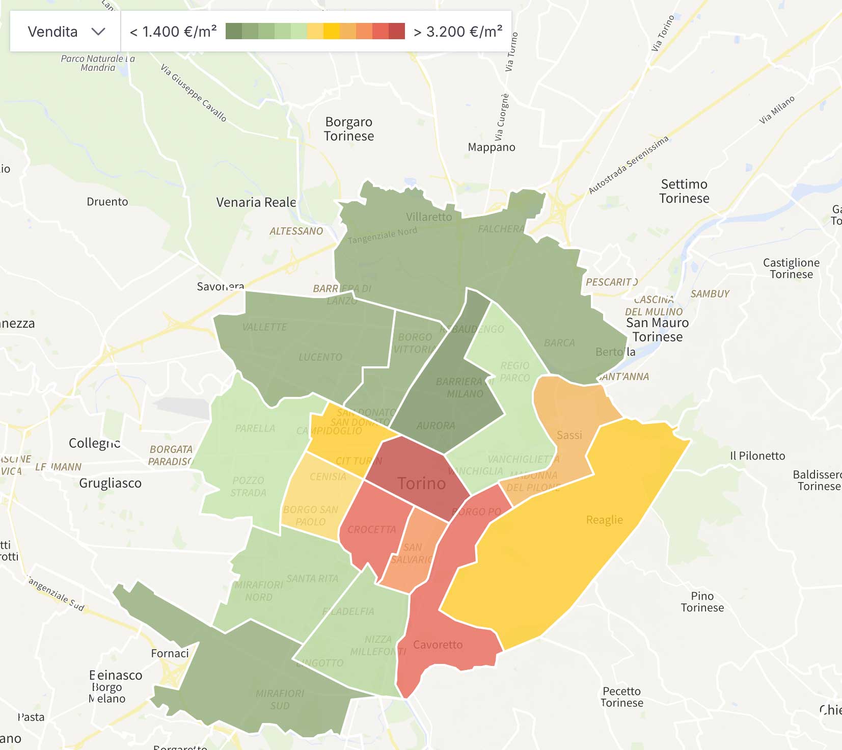 Цены недвижимости Турина по районам. Продажа