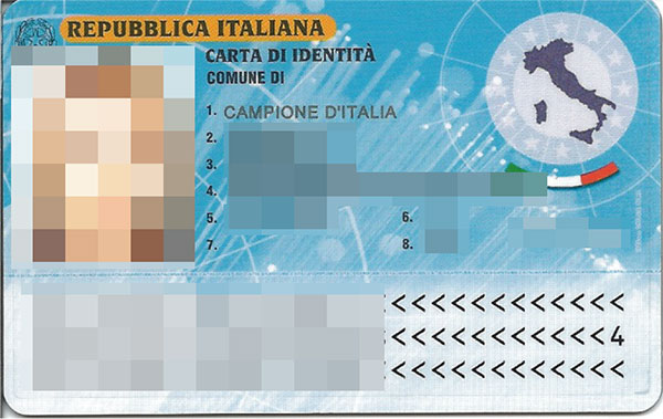 Образец Carta d'Identità выданный в Campione d'Italia