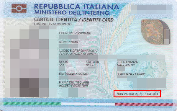 Carta d’identità, выданная иностранцу, не действительная для поездок заграницу
